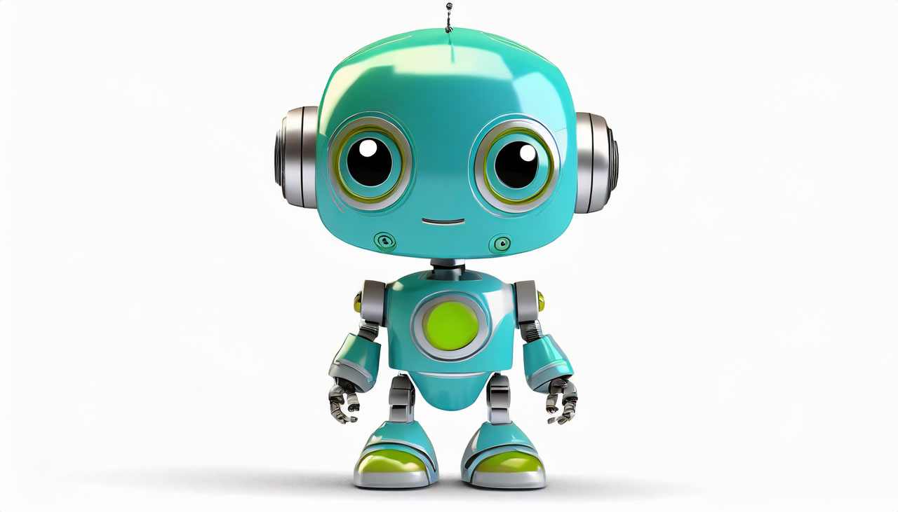 A bluish-green robot is standing on a white background.