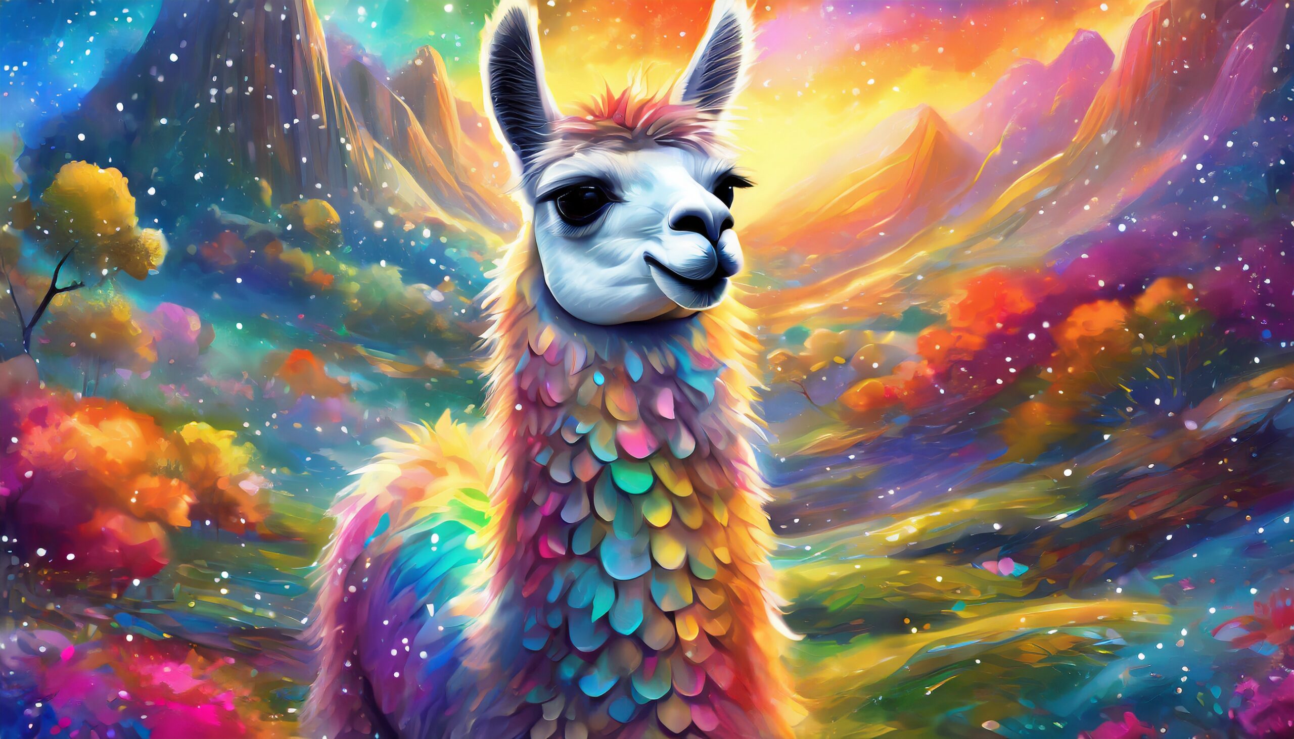 A painting of a magical llama in the mountains.