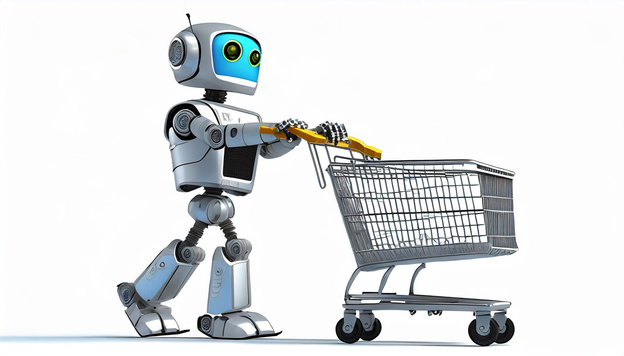 A robot pushing a shopping cart on a white background.