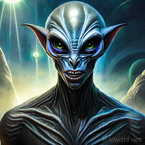 An artistic representation of an extraterrestrial being featuring striking green eyes.