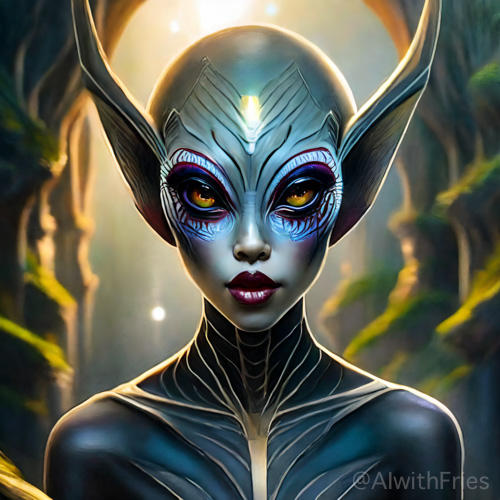 An image of a woman with alien-like horns and captivating eyes.