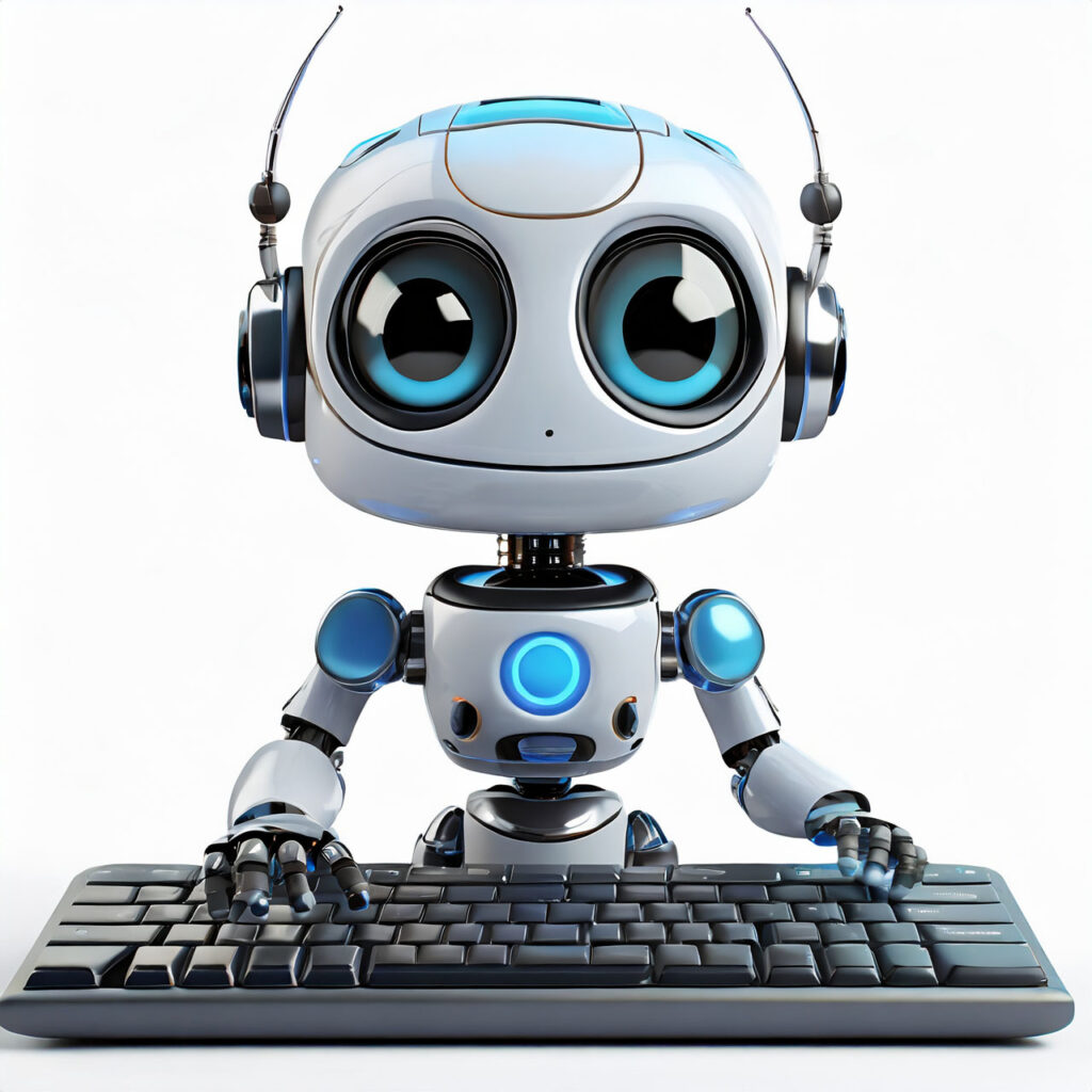 A robot sitting at a keyboard with headphones on, working from home.