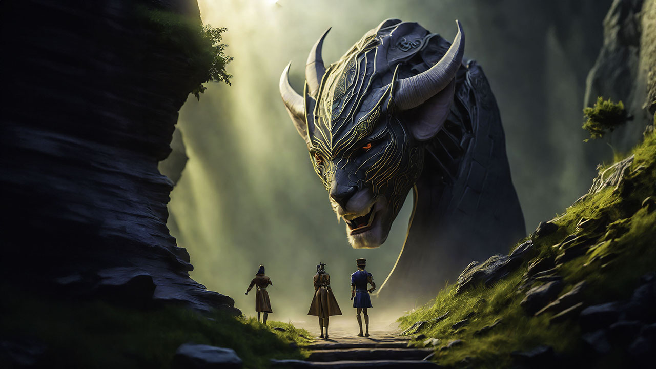 In the mystical Elderglen, a group of Guardians embark on a journey down a path, while an awe-inspiring guardian looms in the background.