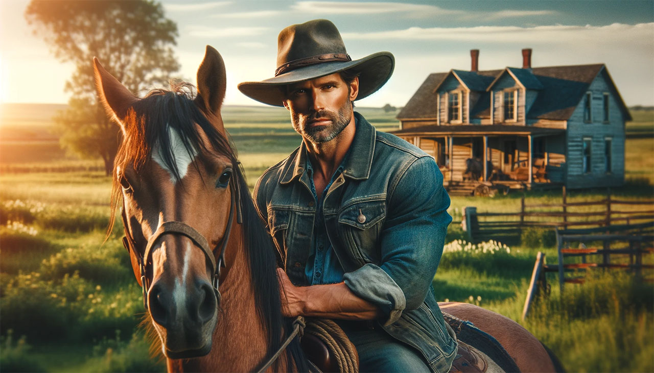 At sunset, a man in a cowboy hat rides his horse in front of a homestead.