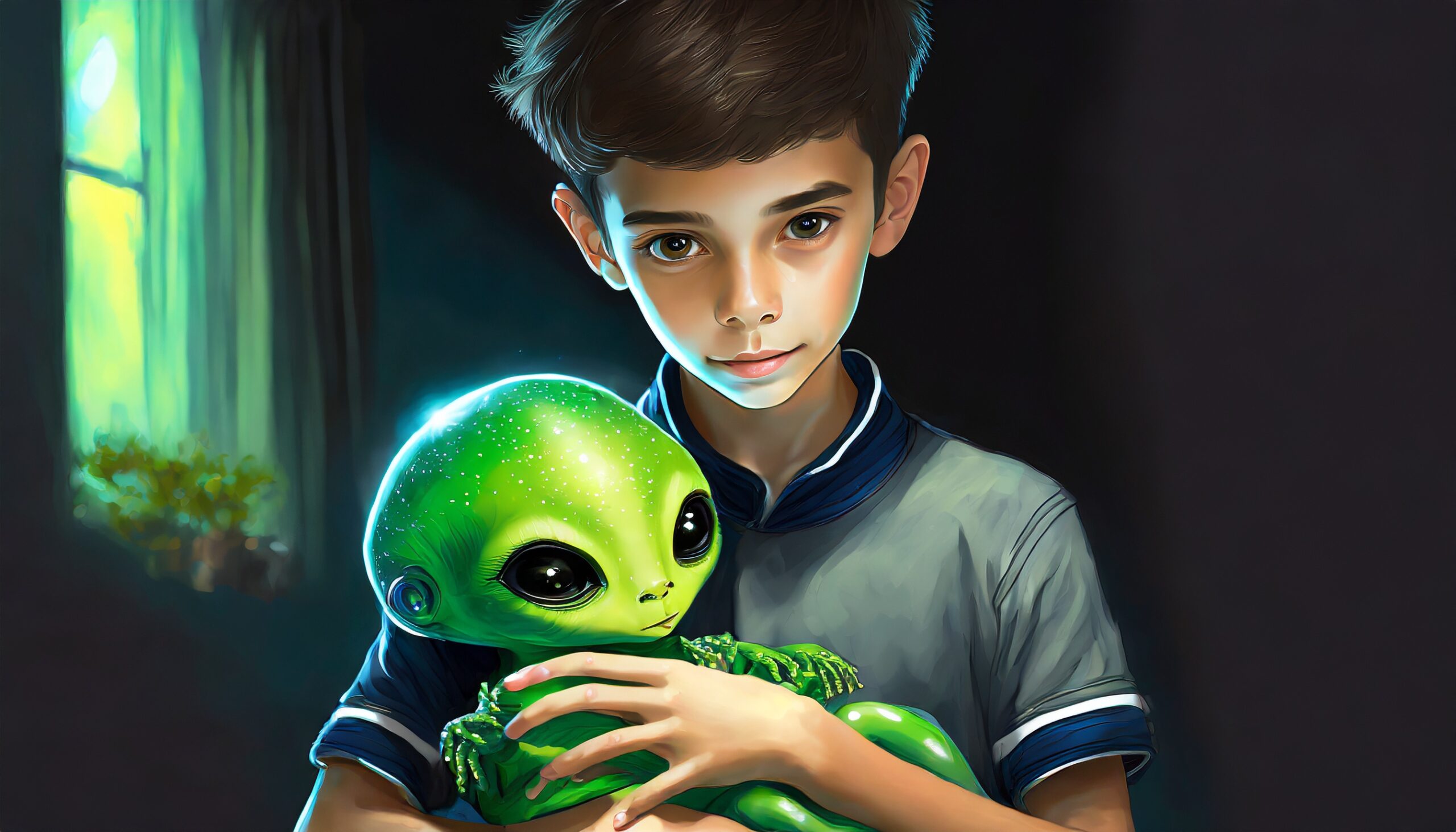 A boy holding a green alien in his arms.