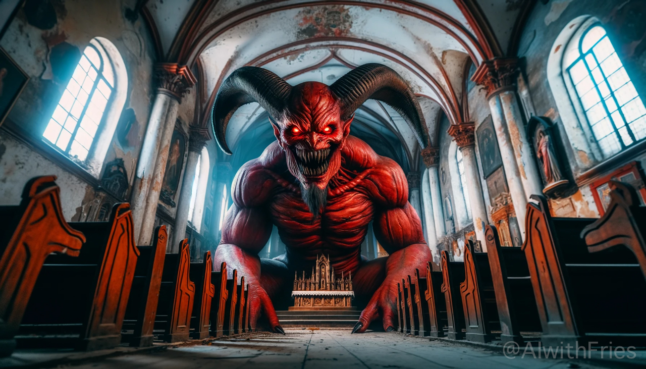 An image of a demon sitting in a church, surrounded by whispers from the abyss.