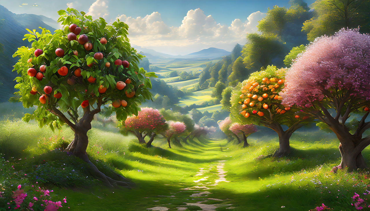 A serene path winding through an Enchanted Orchard.