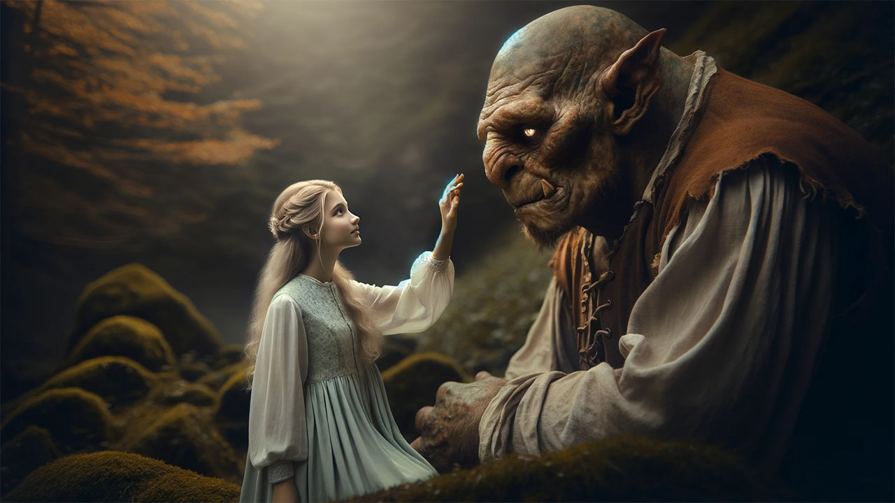 Elara and a troll in the heart of a forest.