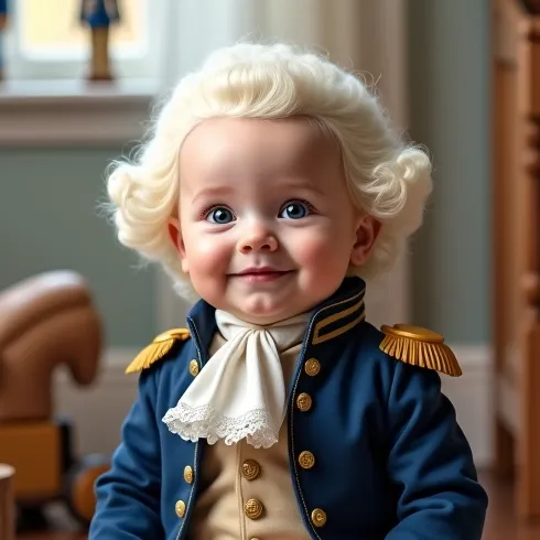 A toddler with curly blonde hair wears a blue and tan historic military-style costume with shoulder epaulettes and a white cravat, smiling indoors.
