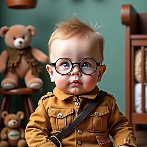 A young child wearing glasses and a brown outfit sits in a nursery with teddy bears and a crib in the background.
