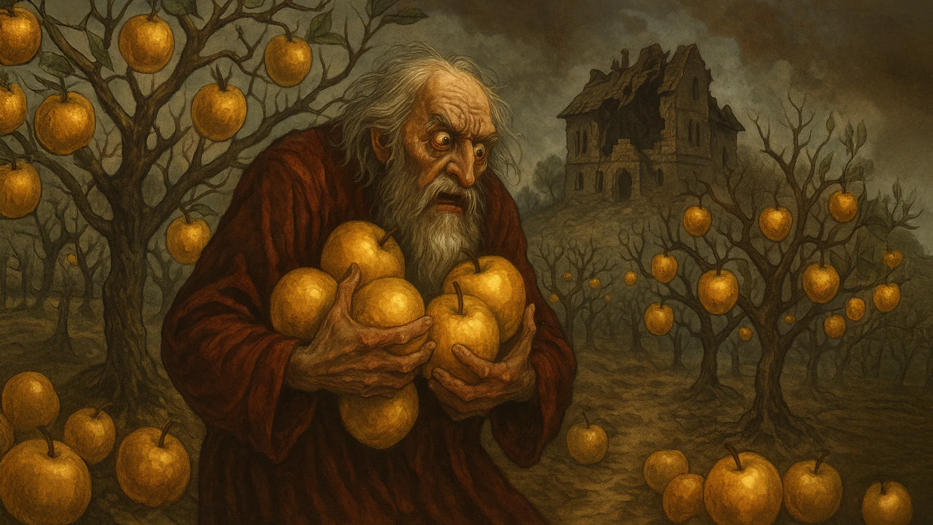 An old man, Old Marnak, with a distressed expression clutches several golden apples—a true Golden Gasp—in an orchard, while a dark, dilapidated house looms in the background.
