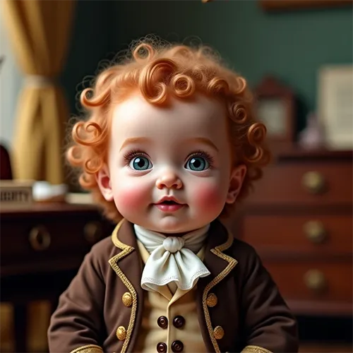 A young child with curly red hair, dressed in vintage clothing with a brown coat and white cravat, sits indoors with antique furniture in the background.