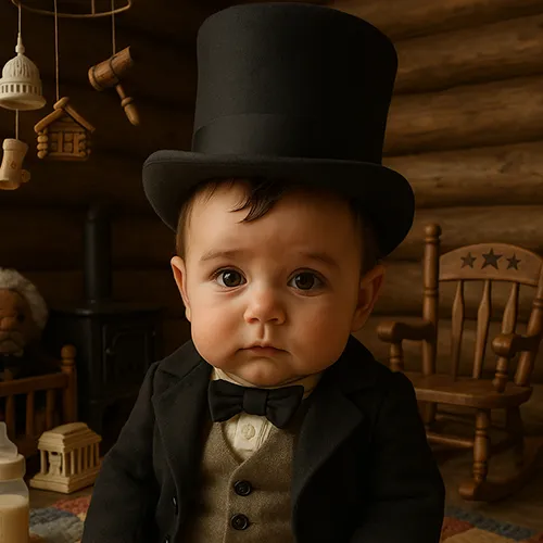 A baby dressed in a black suit, vest, bow tie, and tall top hat sits indoors with wooden furniture and toys in the background.