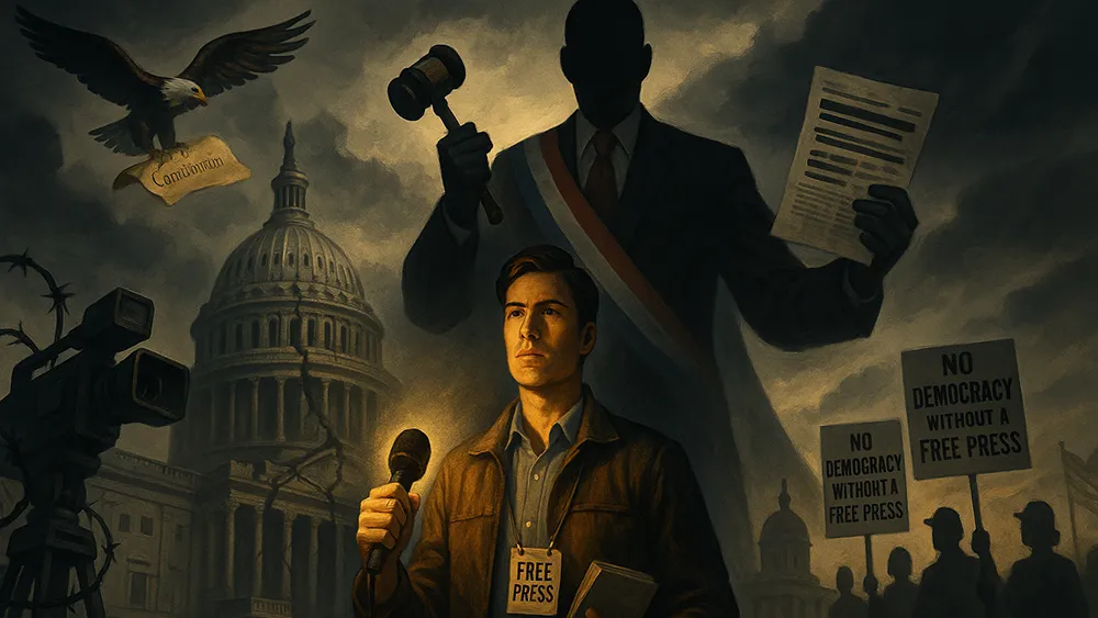 A journalist stands holding a microphone and notepad labeled "Free Press," with the Capitol, protest signs, cameras, and shadowy figures symbolizing government, the Constitution, and James Madison in the background.