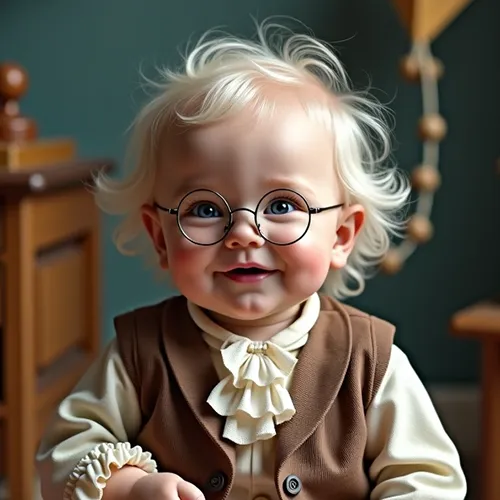 A young child with blond curly hair and round glasses is smiling indoors, wearing a brown vest over a cream shirt with a ruffled collar.