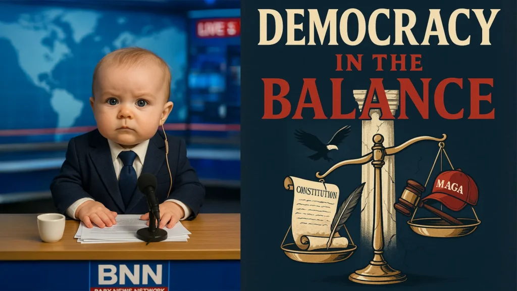 A baby in a suit sits at a news desk with papers and a microphone; beside him is an illustration with a scale weighing the Constitution against a MAGA hat, titled "Democracy in the Balance.
