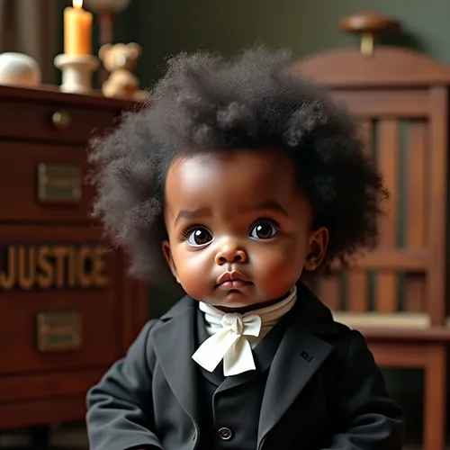 A young child in a formal suit sits indoors, with a "Justice" sign and candles visible in the background.