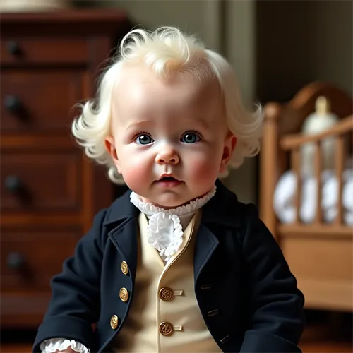 A young child with curly blond hair wears historical clothing, including a dark jacket with gold buttons and a ruffled collar, sitting indoors near wooden furniture.