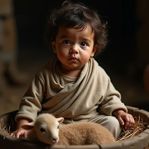 A young child with curly hair sits in a basket next to a small lamb, both wearing neutral-colored clothing, against a dark background.