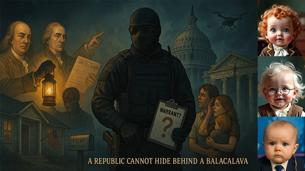 A masked figure in black holds a clipboard labeled "Warrant?" among historical figures and distressed families, with the U.S. Capitol and babies’ portraits on the side. Justice cannot hide behind a balaclava in a republic.