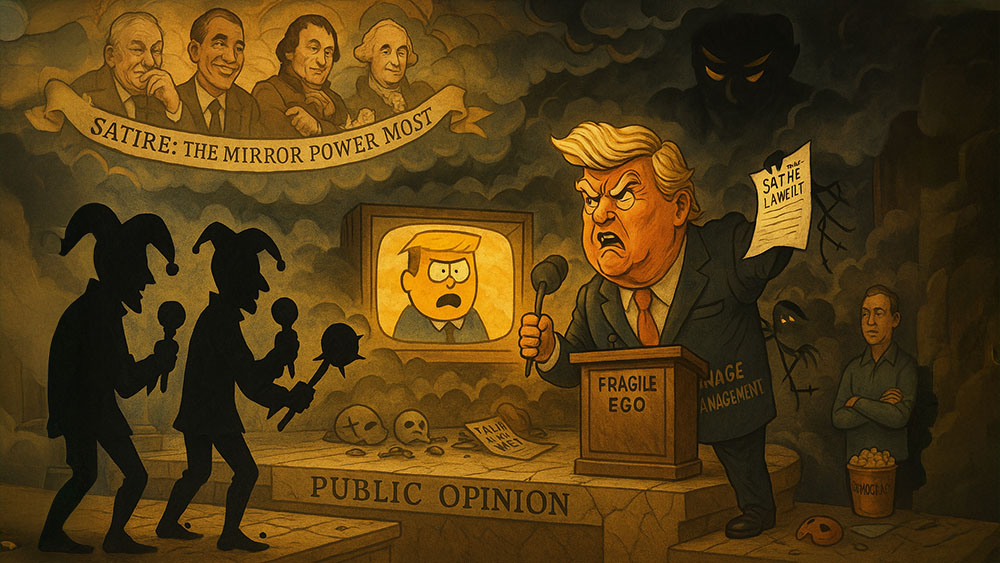 A caricature of Trump at a podium labeled "fragile ego," facing satirical South Park figures while shadowy onlookers in the background observe and hold a satire-labeled document.