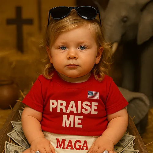 A young child wearing a red "PRAISE ME" shirt with an American flag and "MAGA" diaper cover, sitting among dollar bills, with sunglasses on their head and an elephant figure in the background.