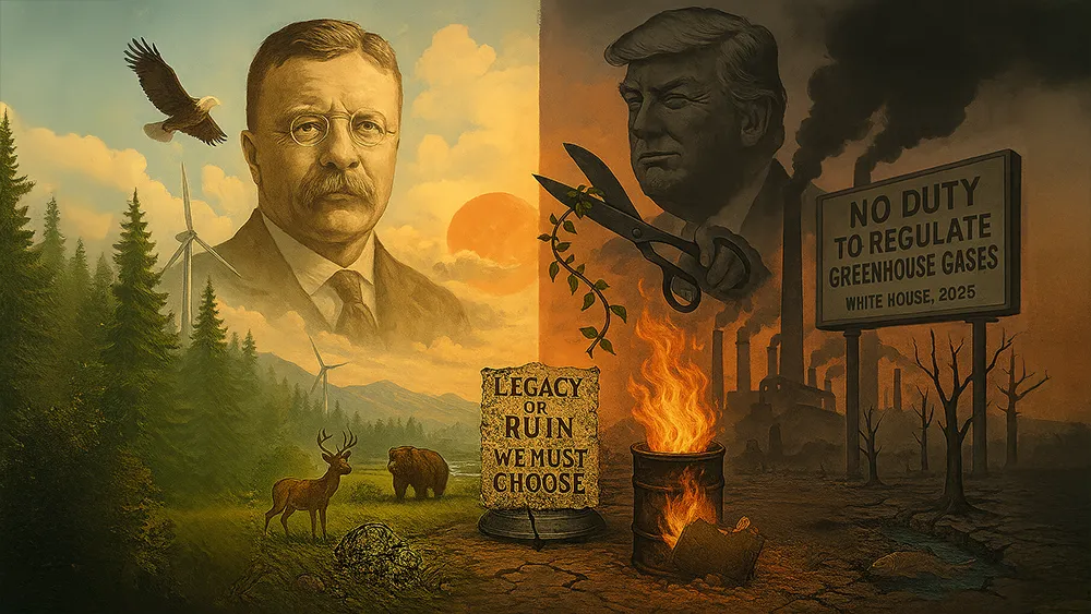 Split-image illustration: Theodore Roosevelt on a lush, green side with wildlife and wind turbines; Donald Trump on a dark, polluted side with factories, fire, and a sign highlighting Trump climate change sabotage.