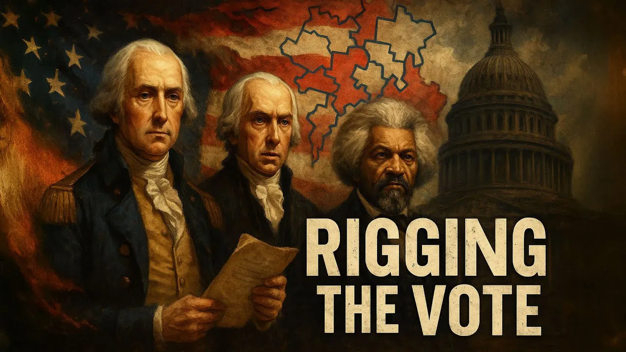 Three historical figures stand in front of a U.S. Capitol dome and an American flag, with a map outline and the text “RIGGING THE VOTE,” highlighting issues like gerrymandering and threats to democracy.