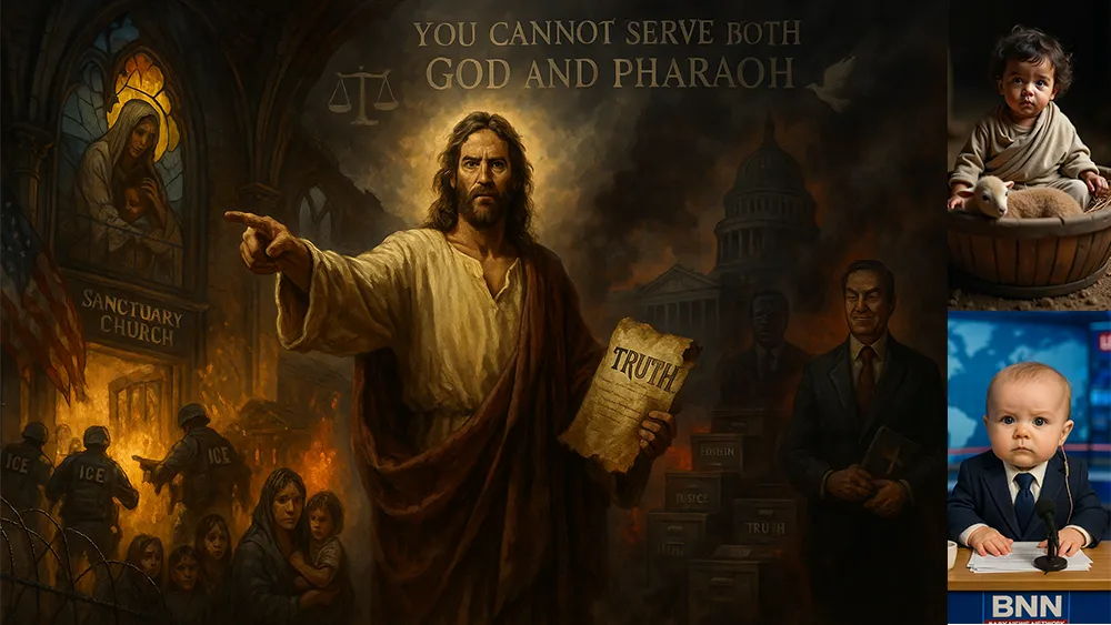 A serious man holds a scroll labeled "TRUTH," pointing outward, with the words "You cannot serve both God and Pharaoh" above. Three children watch on the right as police detain people on the left, highlighting injustice and the timeless message of Jesus.