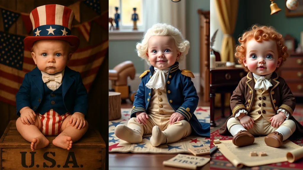 Three babies are dressed in historical American costumes, each styled to resemble a U.S. founding father, seated indoors with patriotic decor and props around them.