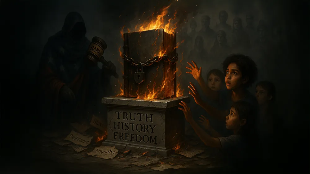 A chained, burning book labeled "Truth, History, Freedom" sits on a pedestal as frightened children reach toward it, longing to learn secrets. A hooded figure holds a gavel marked "BAN" amid scattered papers—what are they afraid of?.